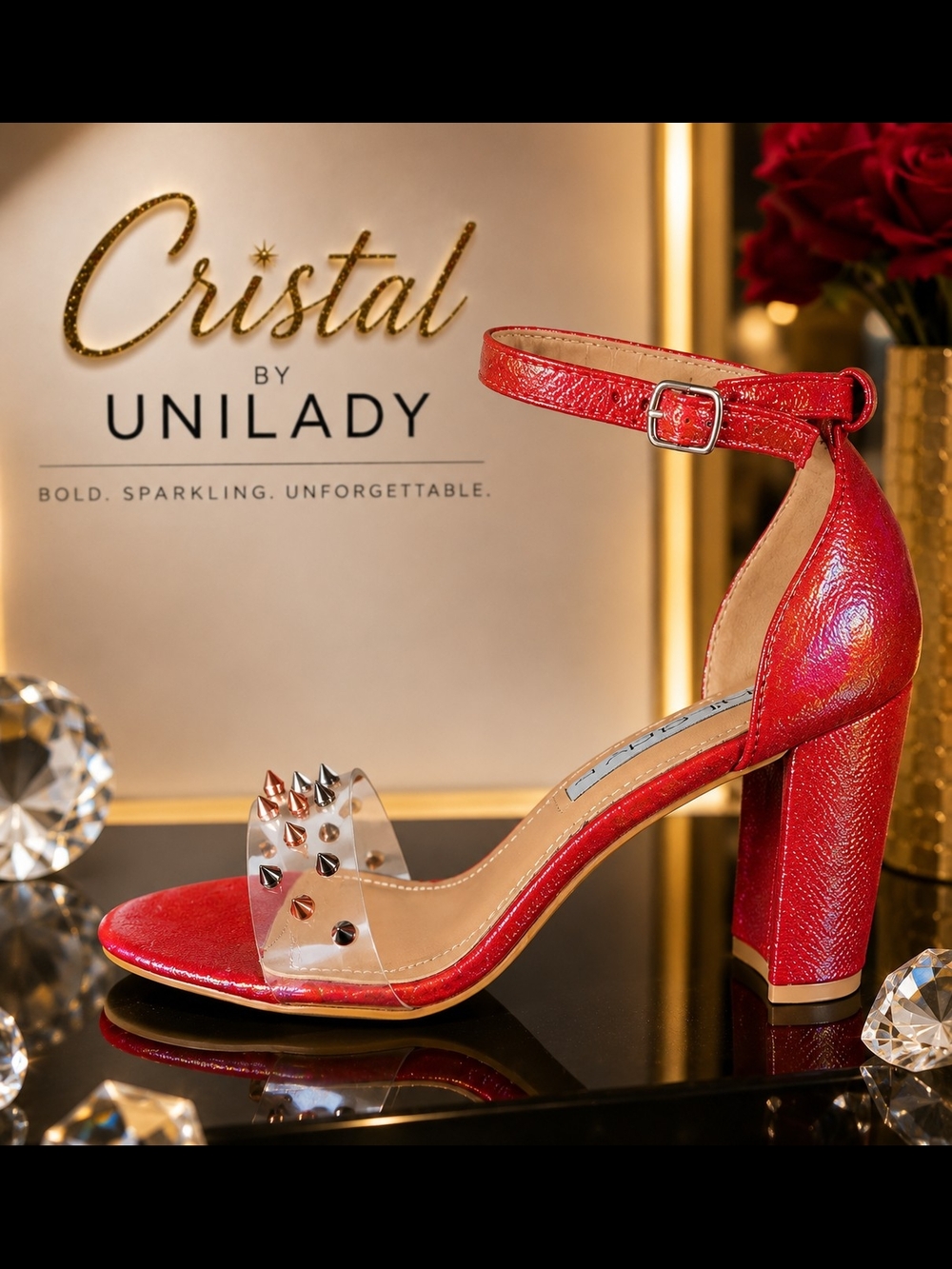Cristal by Unilady Red Block Heel Sandals with Studded Clear Strap